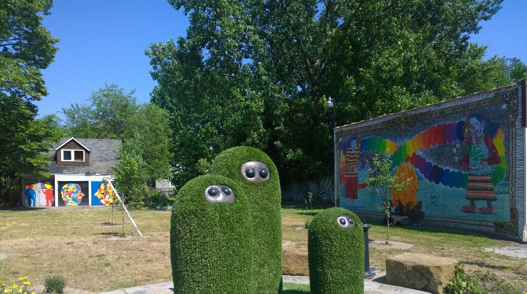 Public art in a vacant lot in the Waterloo arts district.