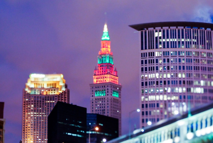 Just some #tiltshit in my #Hometown with a #LensBaby. The Terminal Tower will always be lighted in colors of the season, a charity or even the local sports team.
