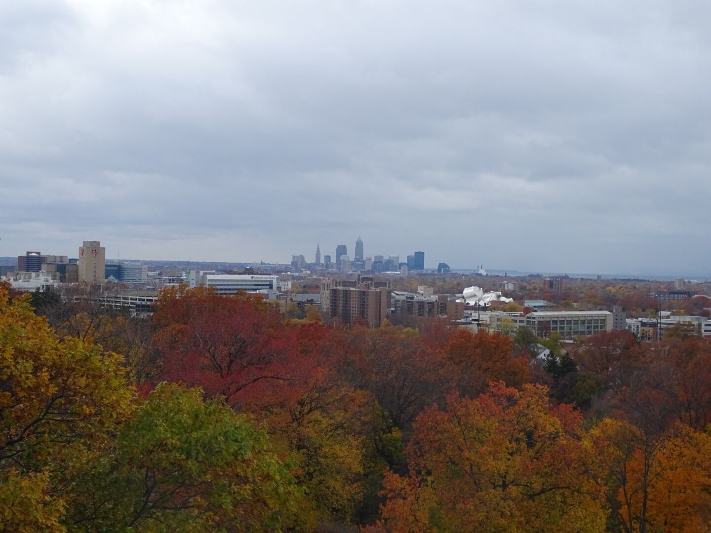 The view of the fall foliage throughout lakeview cemetery and the skyline of Cleveland off in the distance from the balcony of the James A. Garfield Monument.