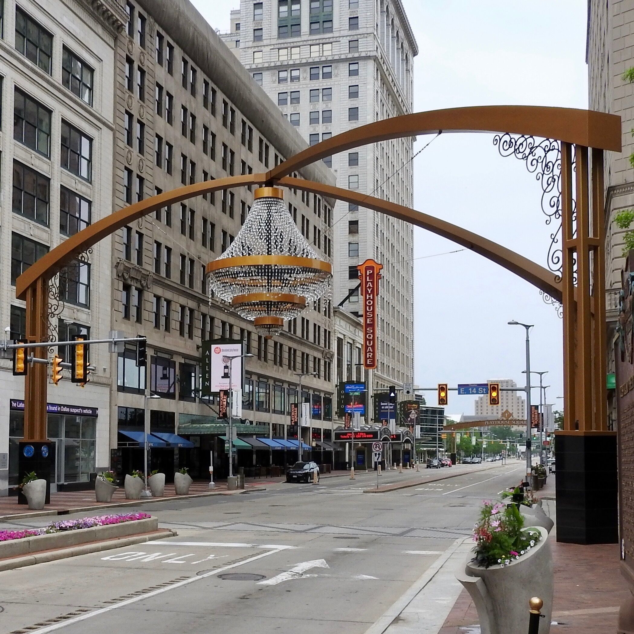 The largest outdoor chandelier measures 6.10 m (20 ft) from top to bottom and has a diameter of 5.18 m (17 ft) achieved by PlayhouseSquare (USA) and permanently displayed at the intersection of East 14th Street and Euclid Avenue in Cleveland, Ohio, USA, as of 30 April 2014. The total weight of the chandelier is 2,721.55 kg (6,000 lb) and is held up by a stainless steel support structure that contains three arms and is painted with a 3-stage automotive paint finish. The 4,200 crystals used to make the chandelier were constructed of impact modified acrylic (PMMA) and the 68 LED lighting fixtures used to illuminate the chandelier. 

#OnTheRoad