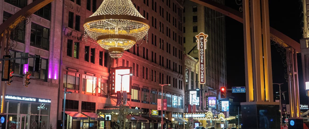 Cleveland's Playhouse Square is the second-largest performing arts complex in the US after Lincoln Center in New York. The entertainment district is anchored by the Playhouse Square chandelier, which is the largest outdoor chandelier in the world, made with 4,200 crystals.