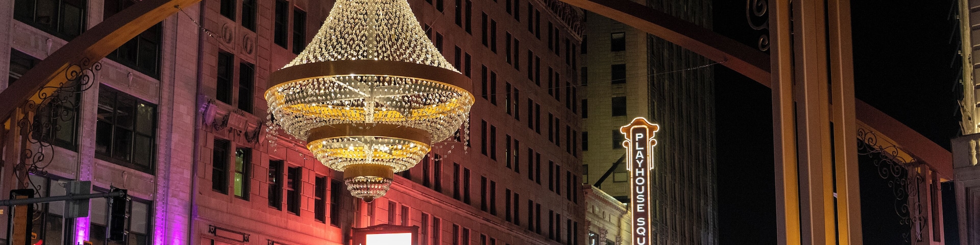 Cleveland's Playhouse Square is the second-largest performing arts complex in the US after Lincoln Center in New York. The entertainment district is anchored by the Playhouse Square chandelier, which is the largest outdoor chandelier in the world, made with 4,200 crystals.