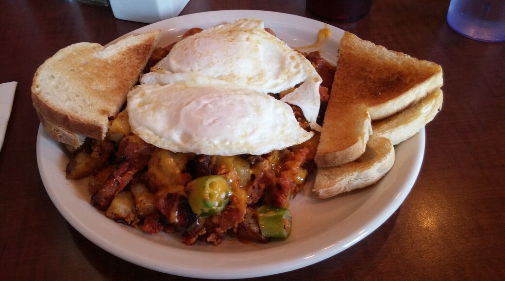 Walker Hash - Two eggs, chorizo sausage, andouille sausage, okra, cheddar cheese and Cajun home fries