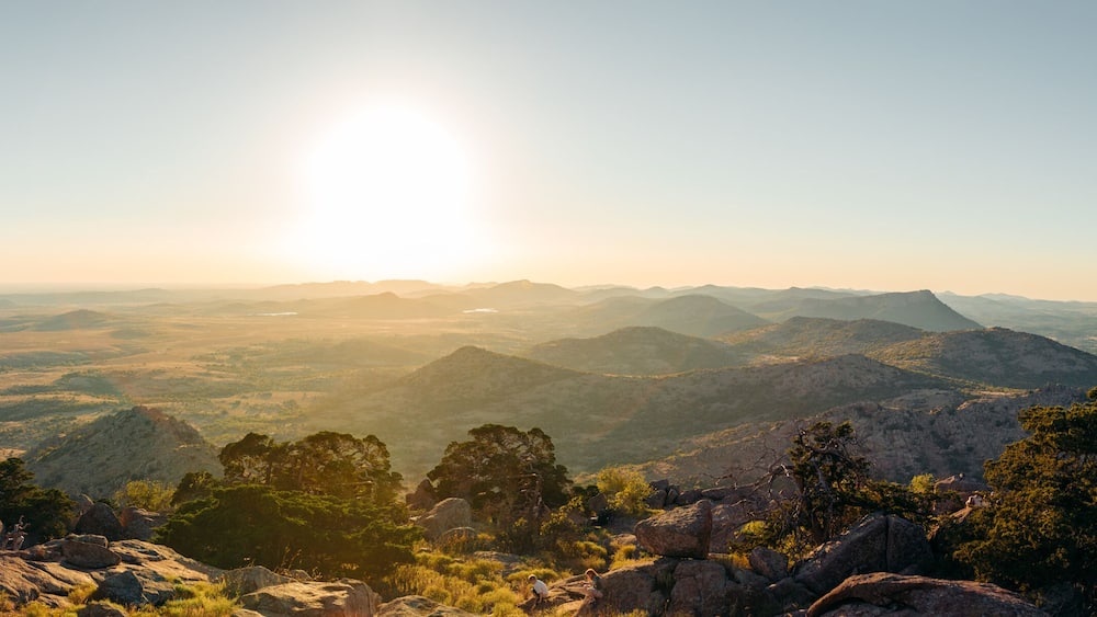 Panorama of the Wichita Mountains in the United States of America during the sunset