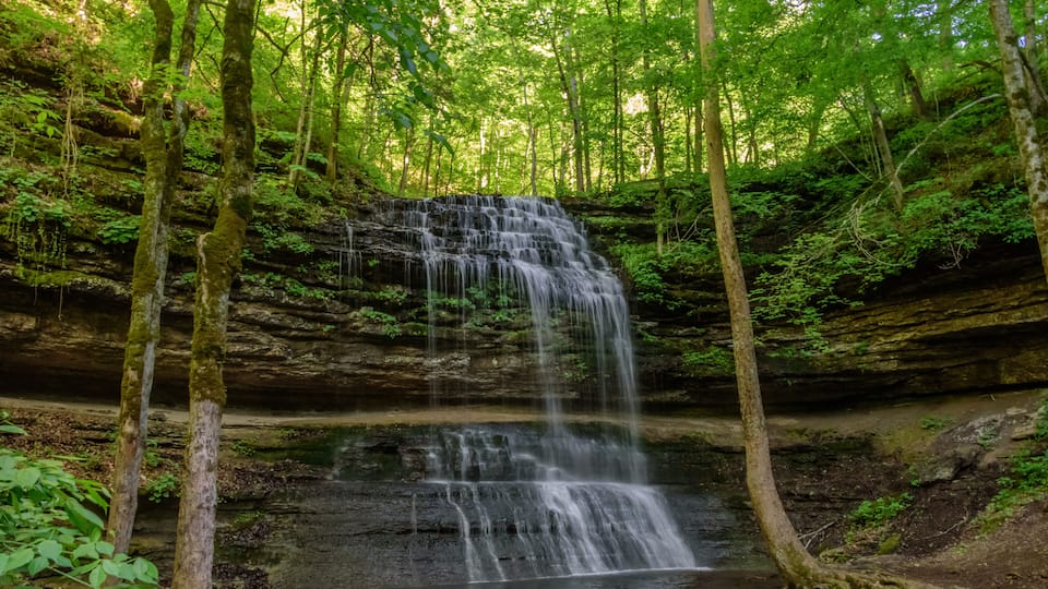 A waterfall cascading into a forested area with rocky terrain and lush greenery.