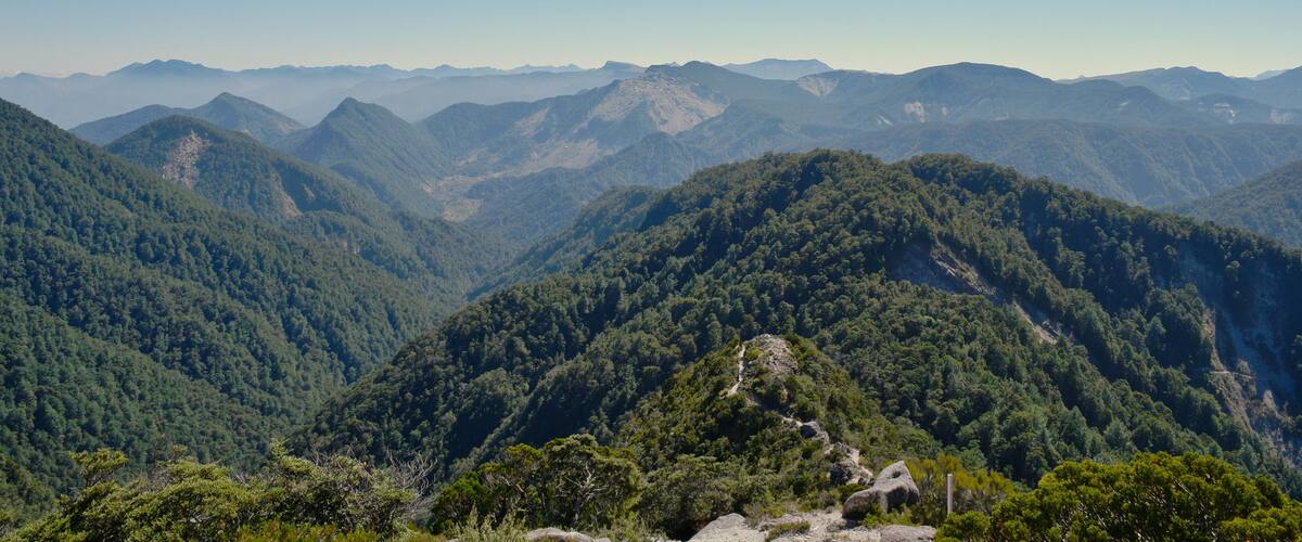 A mountainous landscape with dense forests and a clear sky.