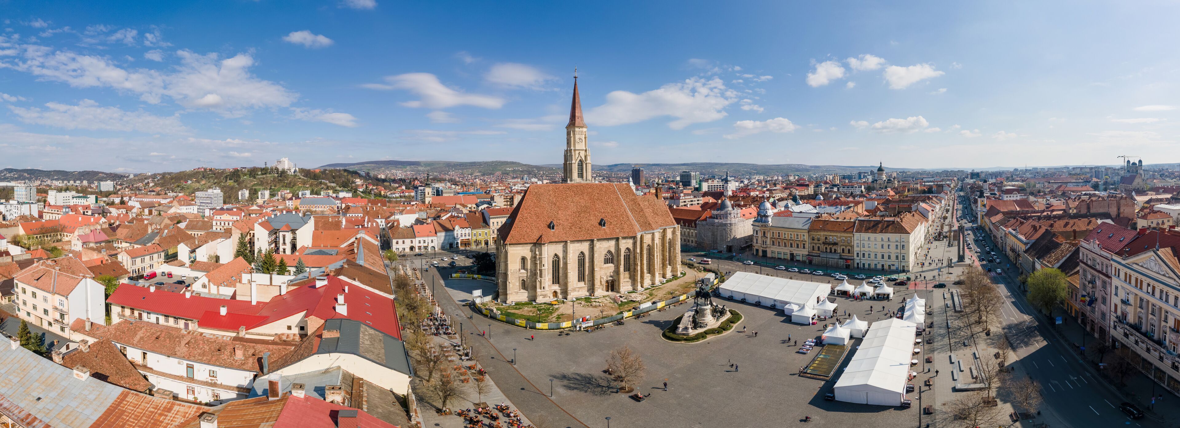 Aerial drone panoramic view of Saint Michael Church in Cluj, Romania