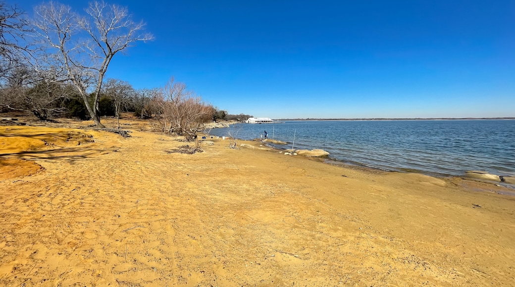 Beautiful sandy shoreline of Lake Lewisville, Texas, USA with row of fishing rods in wintertime in a sunny clear blue sky day