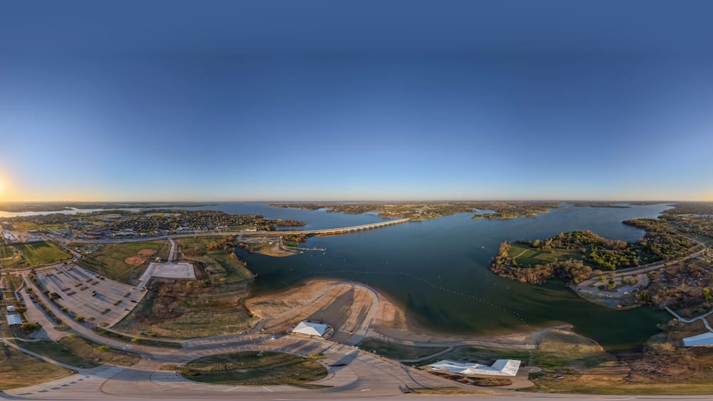 Scenic Aerial View of Little Elm Park Beach and Lewisville Lake in Summer