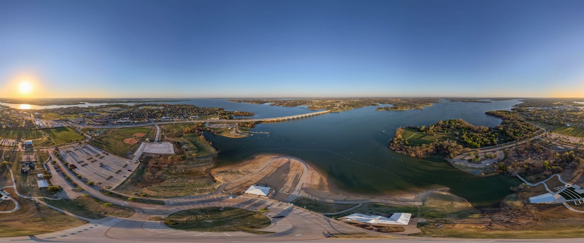 Scenic Aerial View of Little Elm Park Beach and Lewisville Lake in Summer