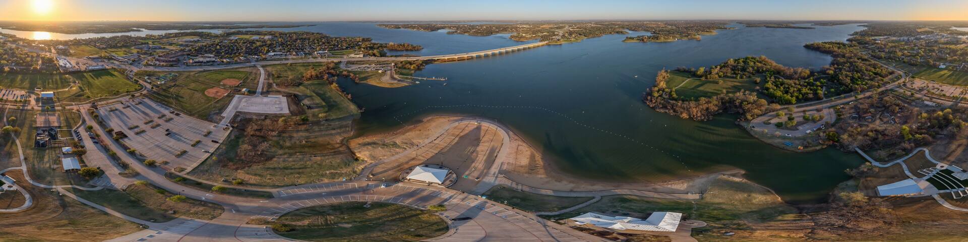Scenic Aerial View of Little Elm Park Beach and Lewisville Lake in Summer