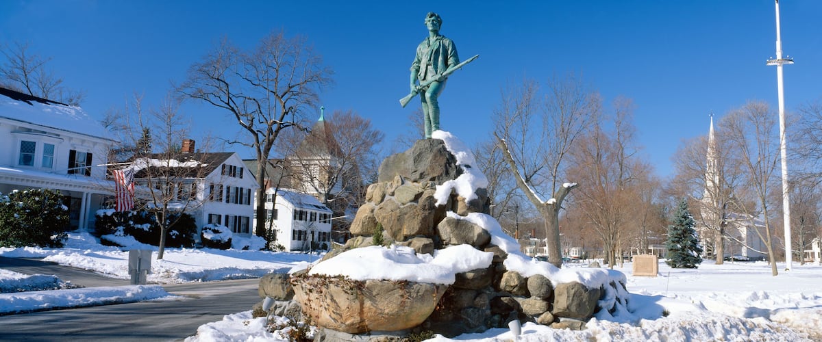 A statue on a rock formation in a snowy park with houses and a tall tower in the background.
