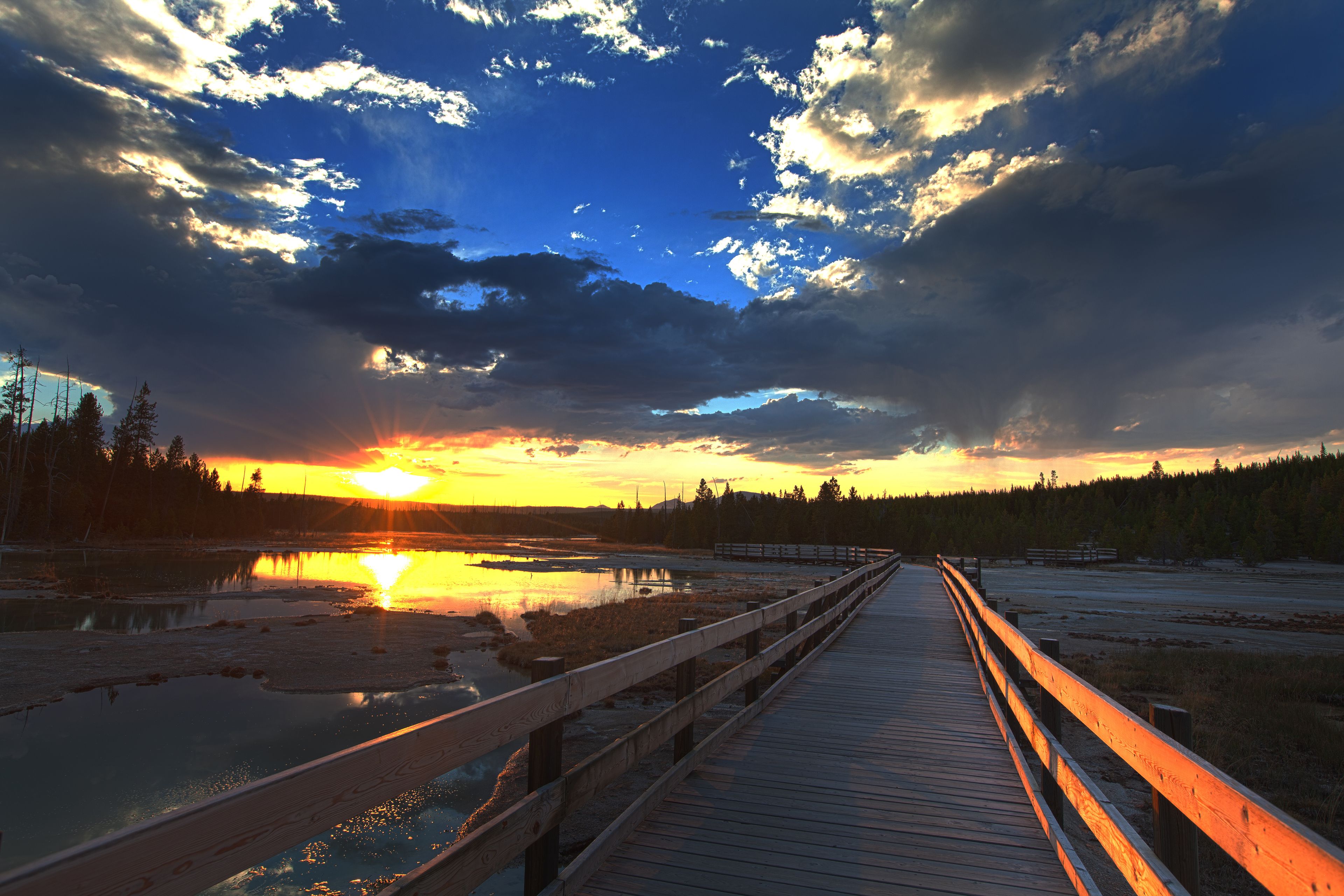 A sunset over a lake with a wooden boardwalk leading to a forested area.