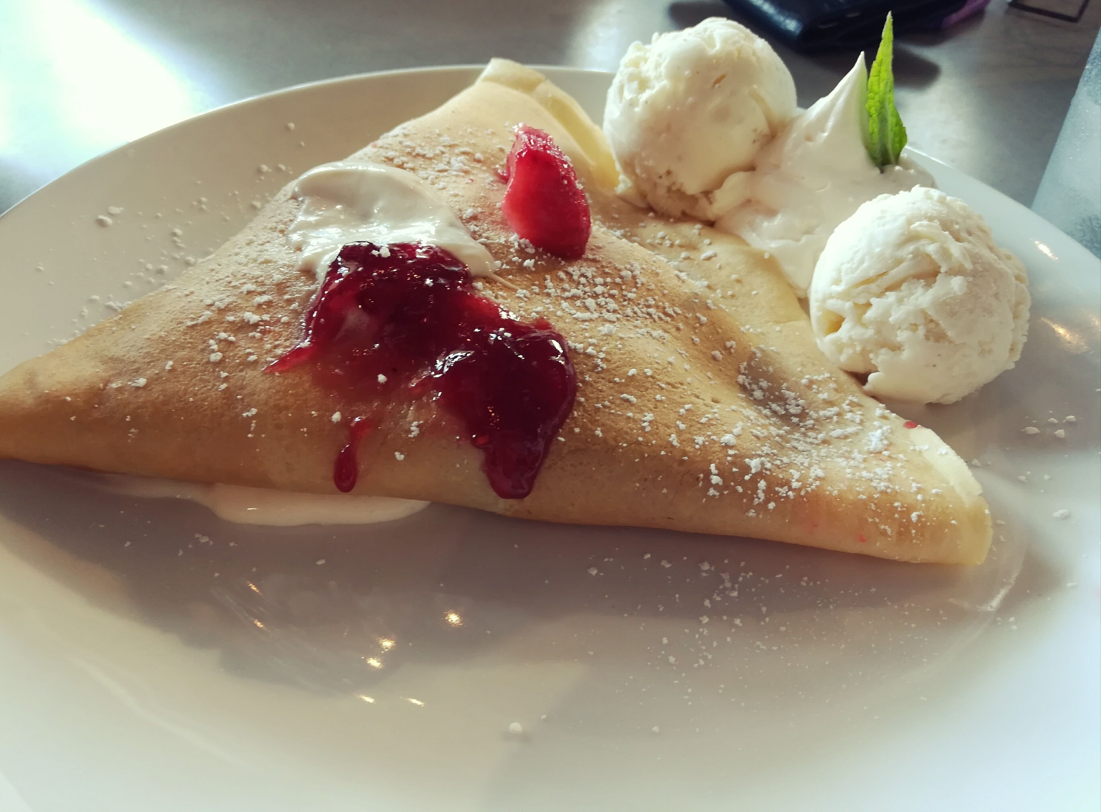 This is Bonne Maman (sweet crepe with berries jam and sweet cream). I added vanilla bean ice cream. Perfect! #GoodEats