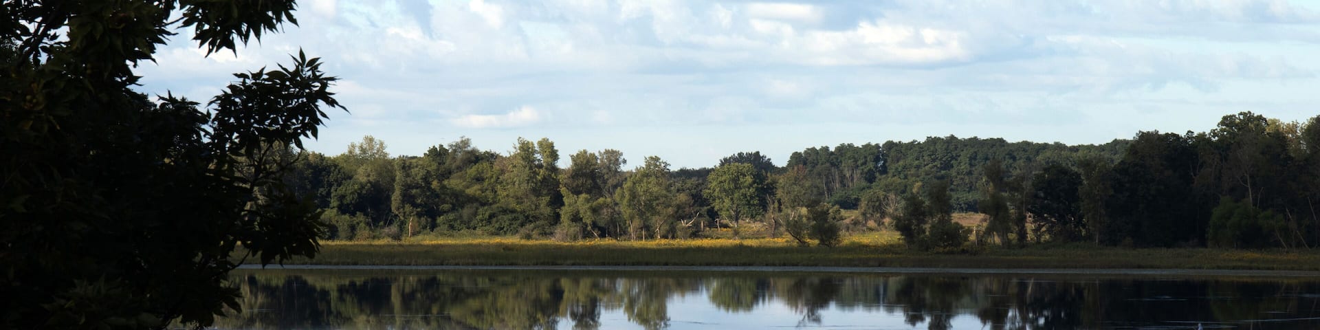 Ultra-wide panorama of Turner Lake and native prairie grasses and trees in autumn at Moraine Hills State Park in McHenry County, Illinois