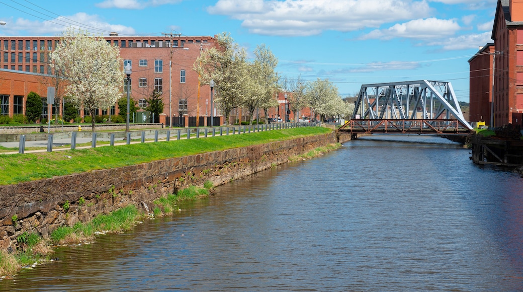 Historic Pemberton Mill Bridge on the Merrimack River North Canal at Lawrence Heritage State Park in downtown Lawrence, Massachusetts MA, USA.