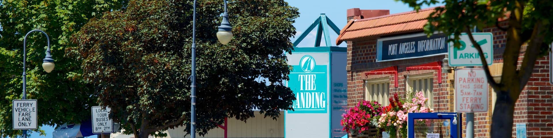 A street scene with a white van, a blue truck, and a white car parked along the curb. There are signs for 'The Landing' and 'Ferry Vehicle Fare Lane Only'. A blue building with a sign for 'Port Angeles Information' is visible.