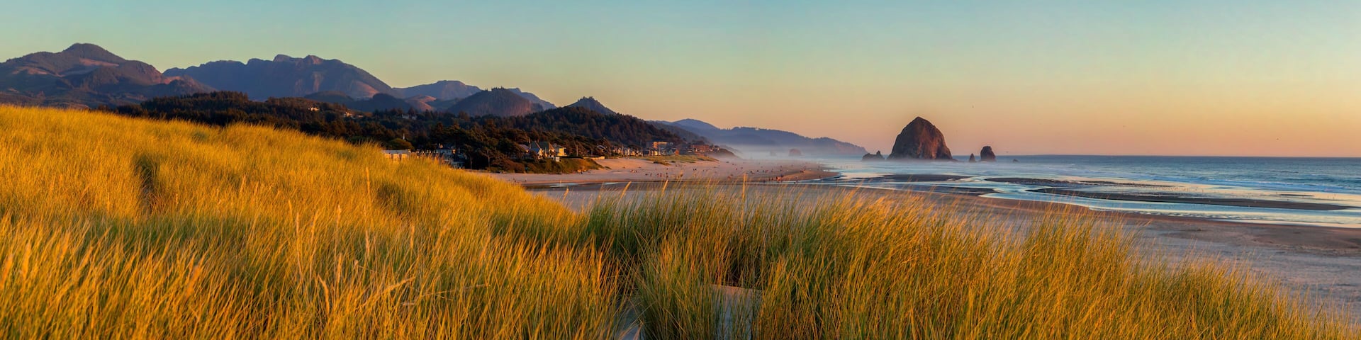 Looking south to Cannon Beach and Haystack Rock in Cannon Beach, Oregon