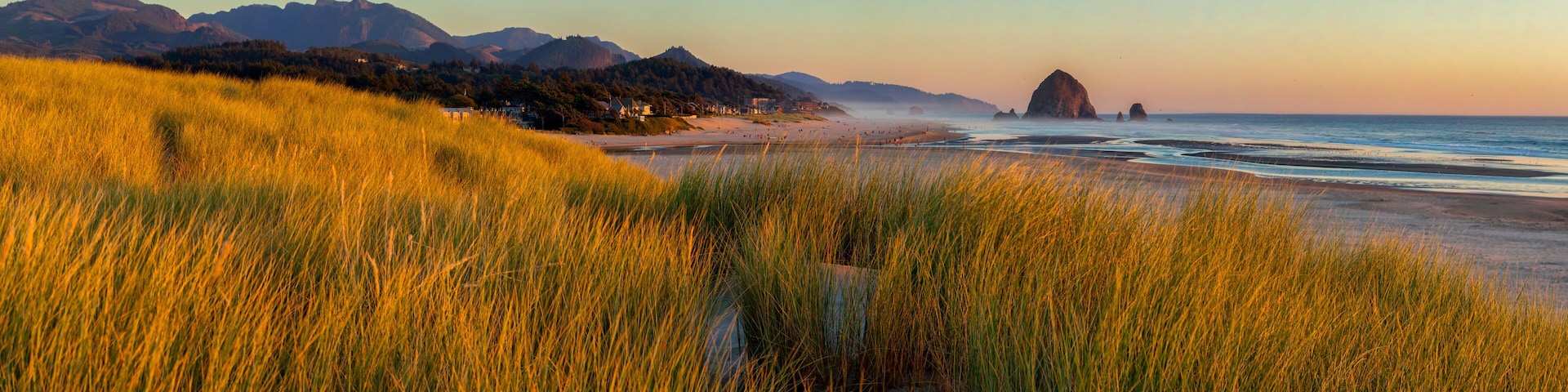 Looking south to Cannon Beach and Haystack Rock in Cannon Beach, Oregon