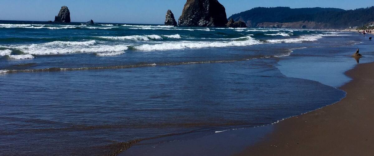 Cannon Beach's iconic Haystack Rock at low tide.