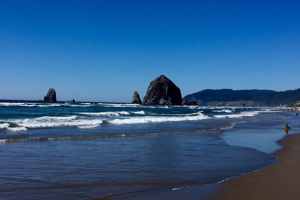 Cannon Beach's iconic Haystack Rock at low tide.