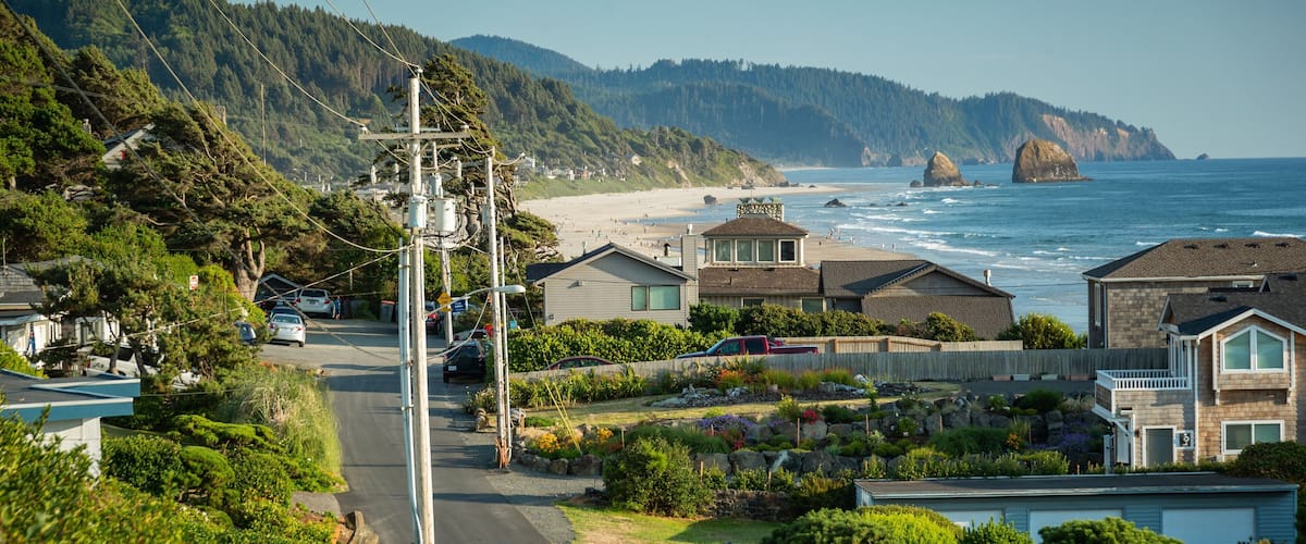 Cannon Beach which includes a coastal town
