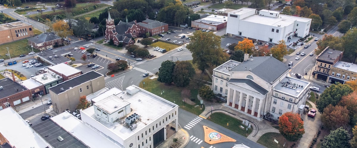 Lincoln County Courthouse in Lincolnton, North Carolina seen from drone