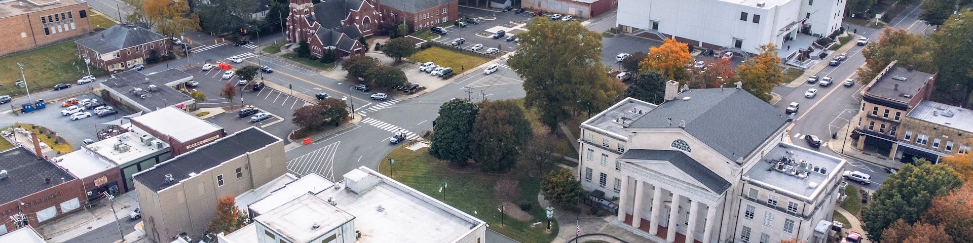 Lincoln County Courthouse in Lincolnton, North Carolina seen from drone