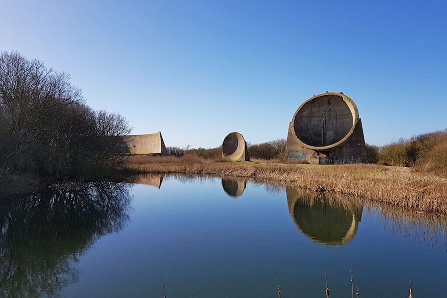 The Sound Mirrors in Dungeness.
Designed and built by Percy Rothwell these are a forerunner of radar and were built on the south and northeast coasts of England between about 1916 and the 1930s.
They were intended to provide early warning of incoming enemy aeroplanes and airships about to attack coastal towns.
With the development of faster aircraft the sound mirrors became less useful, as an aircraft would be within sight by the time it had been located, and radar finally rendered the mirrors obsolete.