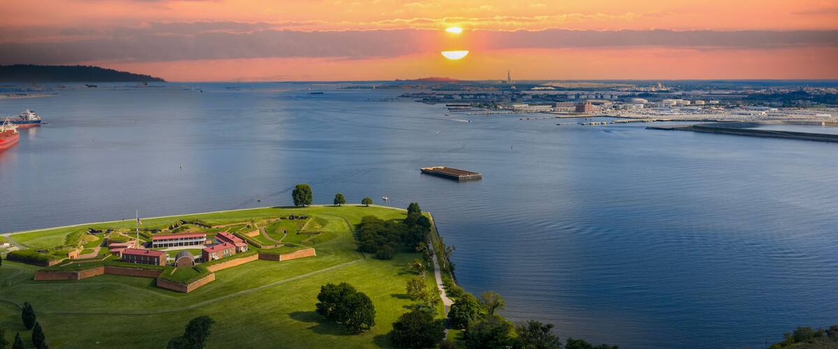 Aerial shot of Fort McHenry National Monument along the Patapsco River in Baltimore Maryland USA