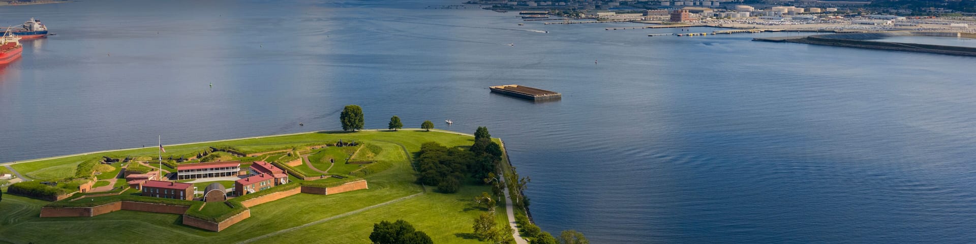 Aerial shot of Fort McHenry National Monument along the Patapsco River in Baltimore Maryland USA