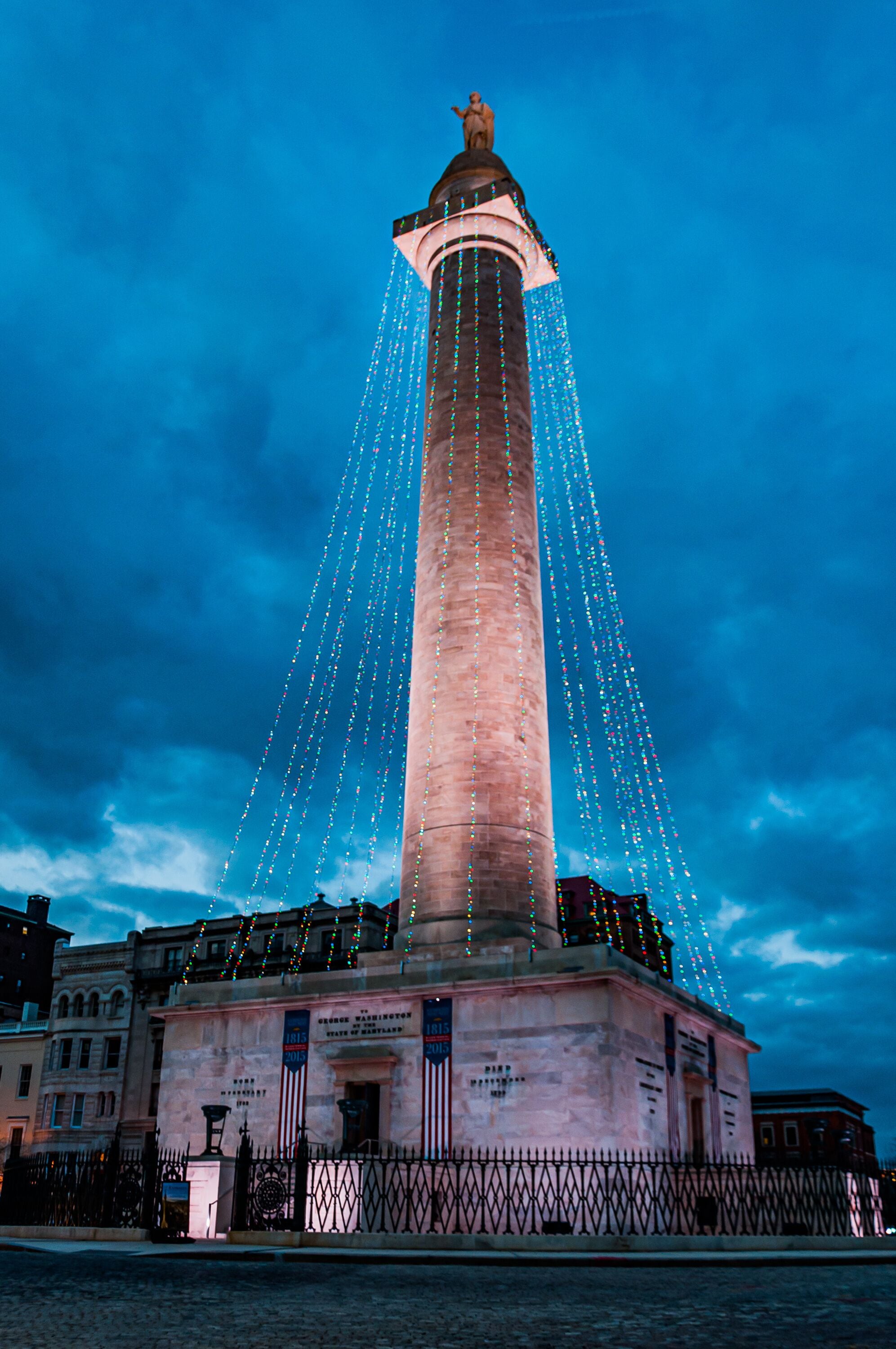 Photo of Mount Vernons Washington Monument at Christmastime, Baltimore, Maryland USA