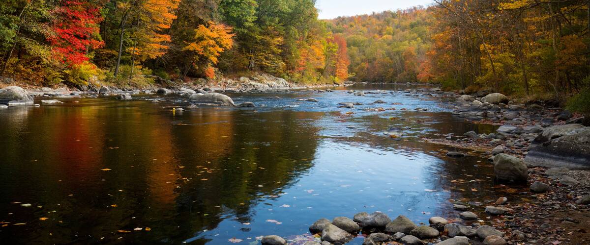 Colorful fall foliage along the Farmington River in Canton, Connecticut.