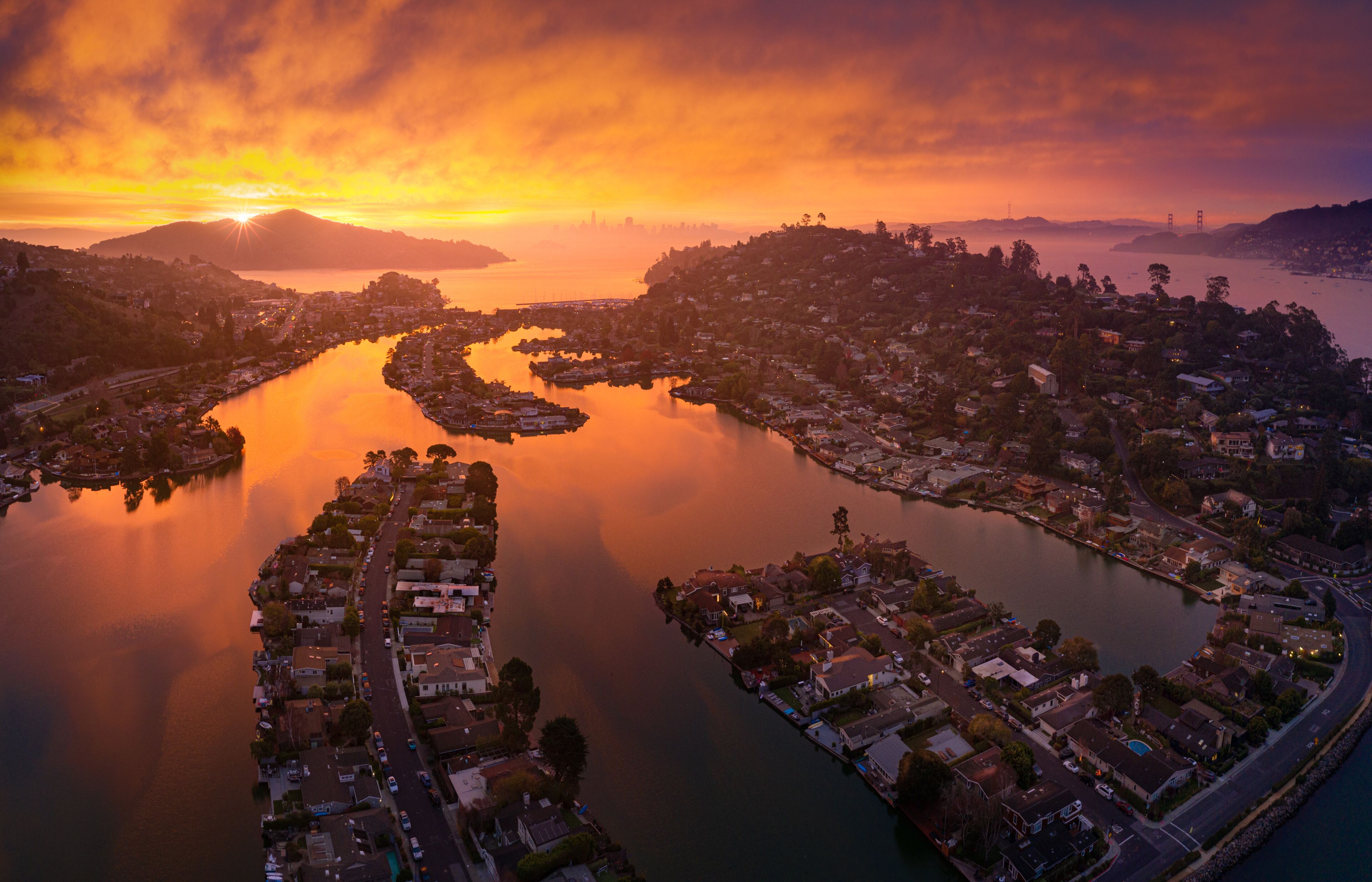 Sunrise over beautiful Belvedere-Tiburon, with the San Francisco skyline in the background