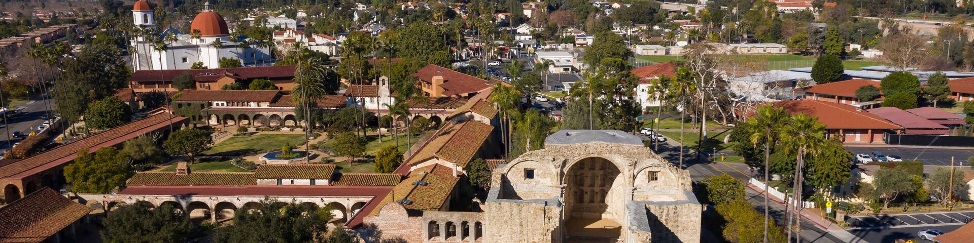 Daytime aerial view of the Spanish Colonial era mission and surrounding city of downtown San Juan Capistrano, California, USA.