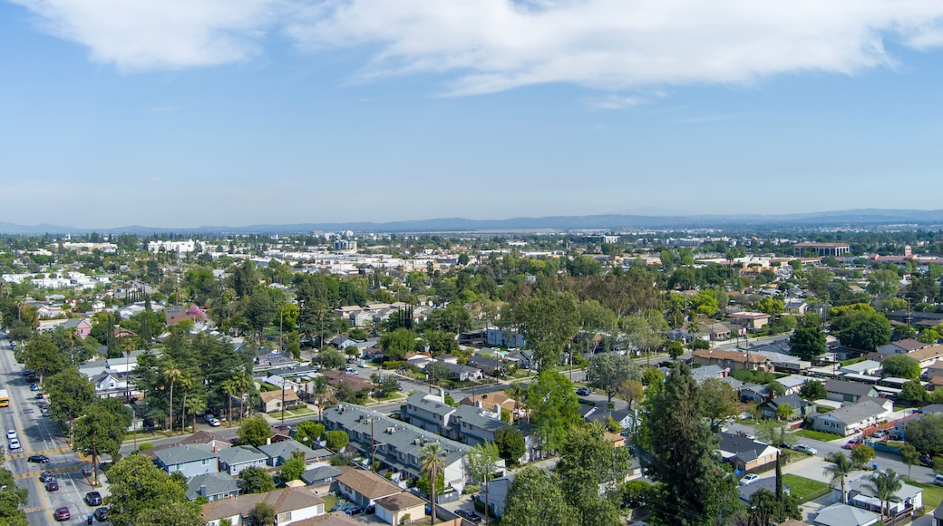 aerial shot of homes, lush green trees and and cars on the street in Monrovia California USA
