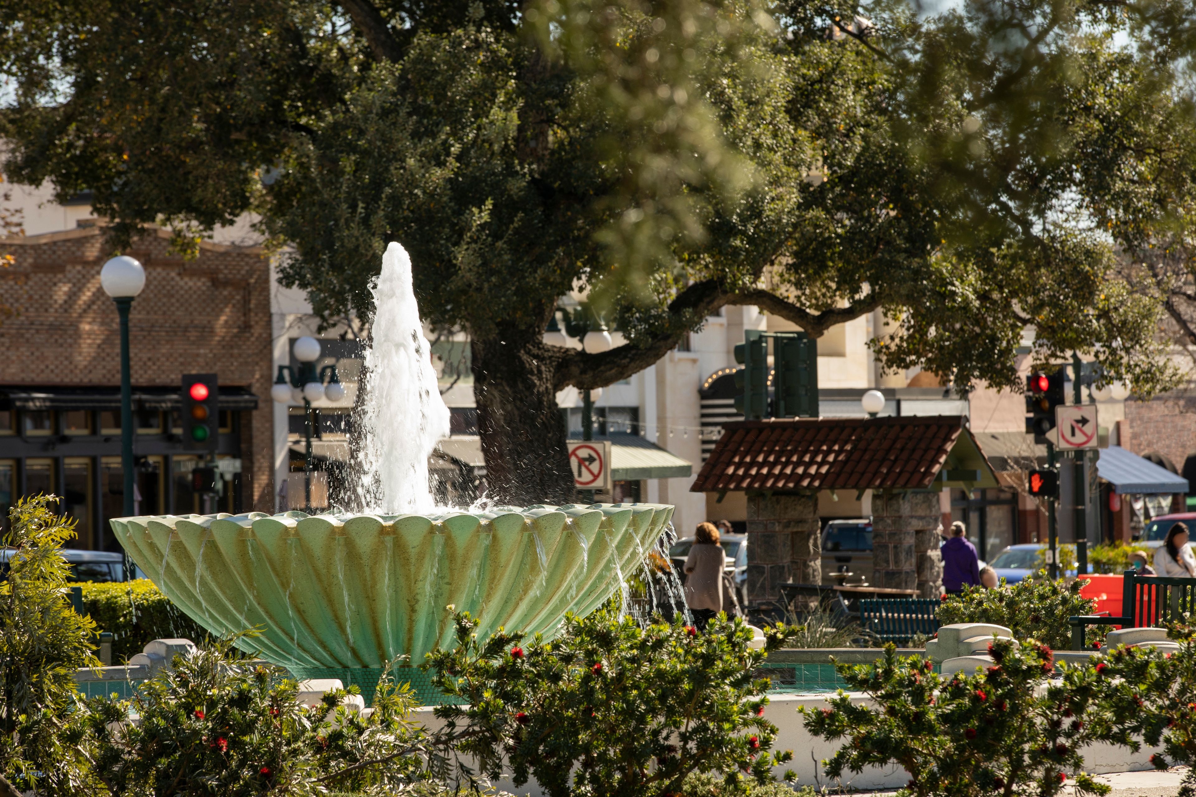 Afternoon view of a public water fountain in downtown Monrovia, California, USA