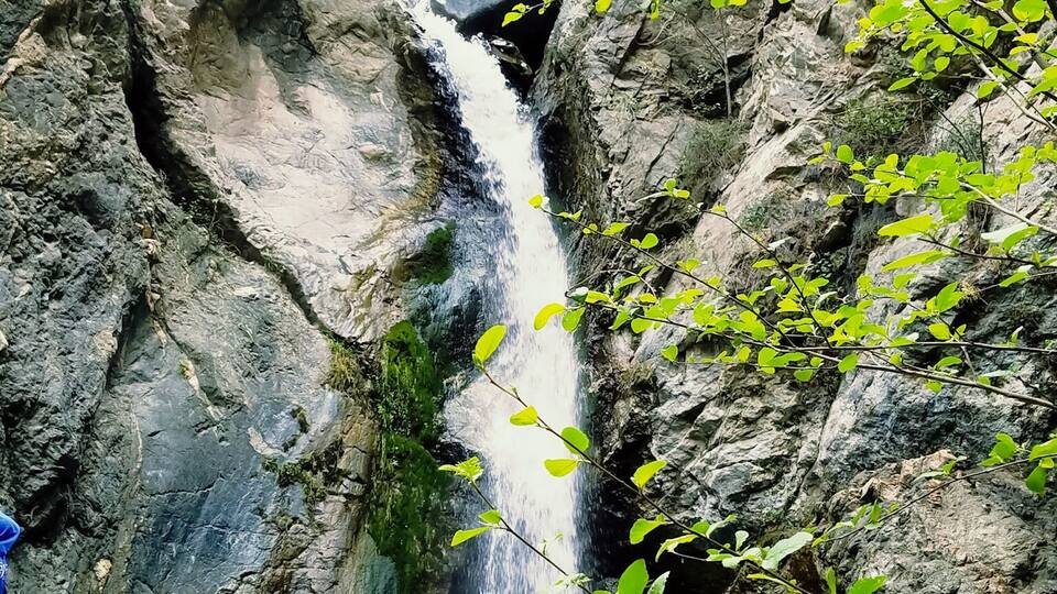 A waterfall cascading down a rocky cliff surrounded by greenery.