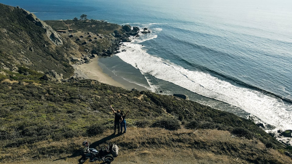 Aerial view of couple on the Stinson Beach area of the Pacific Coastline, Marin County, north San Francisco bay area, California