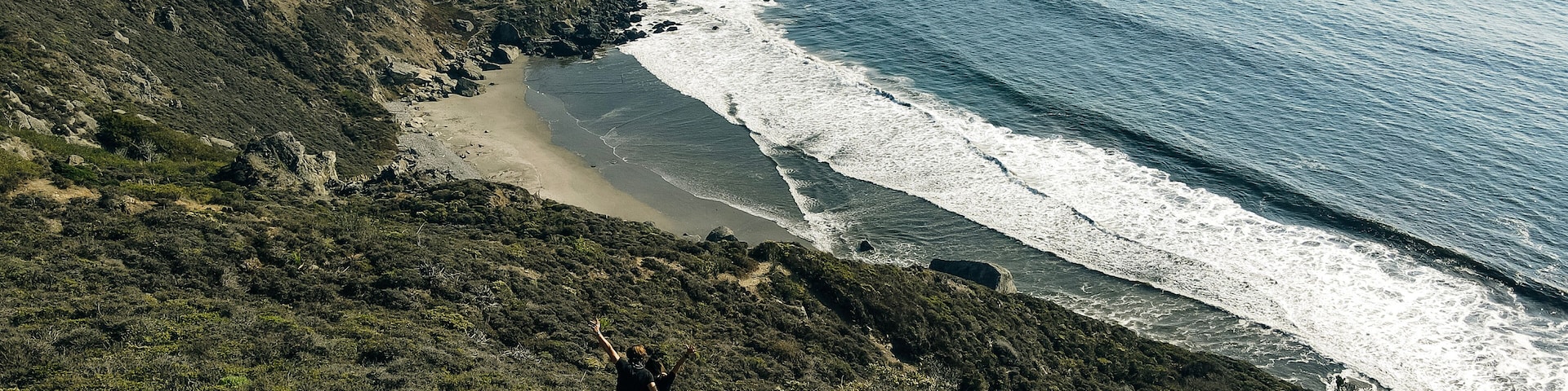 Aerial view of couple on the Stinson Beach area of the Pacific Coastline, Marin County, north San Francisco bay area, California