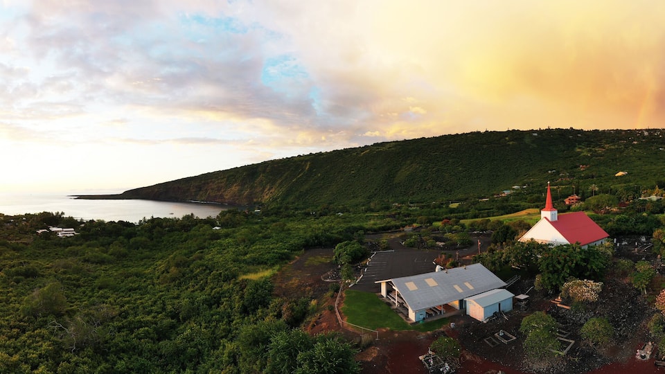 Aerial view of Kahikolu Congregation Church, Kealakekua Bay, Big Island, Hawaii, United States of America, North America