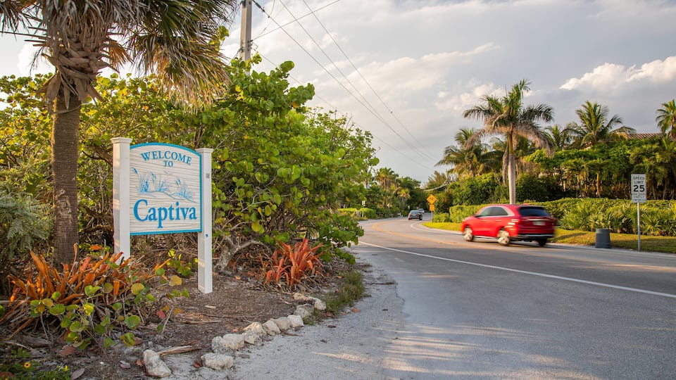 A road with a 'Welcome to Captiva' sign, palm trees, and a speed limit sign of 25 mph.