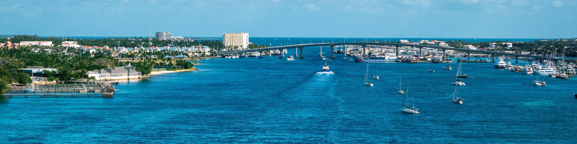 A coastal marina with numerous boats, a bridge, and a cityscape in the background.