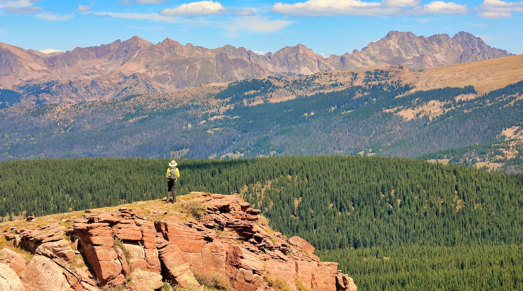Hiker on top off Shrine Mountain near Colorado's Vail Pass, with a view of the Sawatch Range in the background