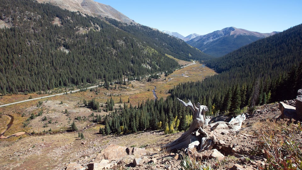 Independence Pass valley as seen from mountain top rest stop outside of Aspen Colorado United States