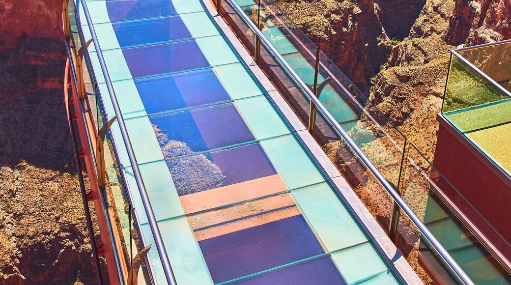 A glass-bottomed walkway curving through a canyon with a clear view of the landscape.