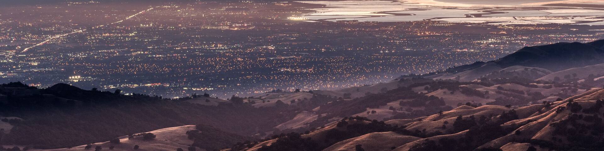 Sunset view of south San Francisco bay area and San Jose from the top of Mount Hamilton, San Jose, California