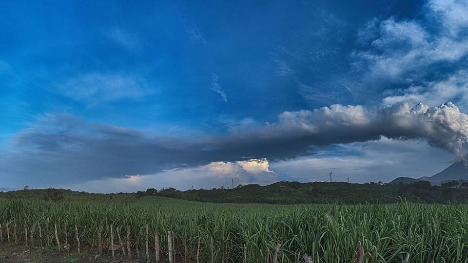 A volcanic landscape with a clear sky, a field of crops, and a distant volcano emitting smoke.