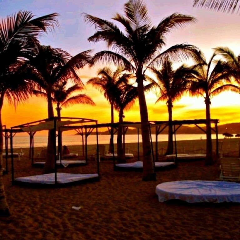 Una playa con palmeras y tumbonas al atardecer.