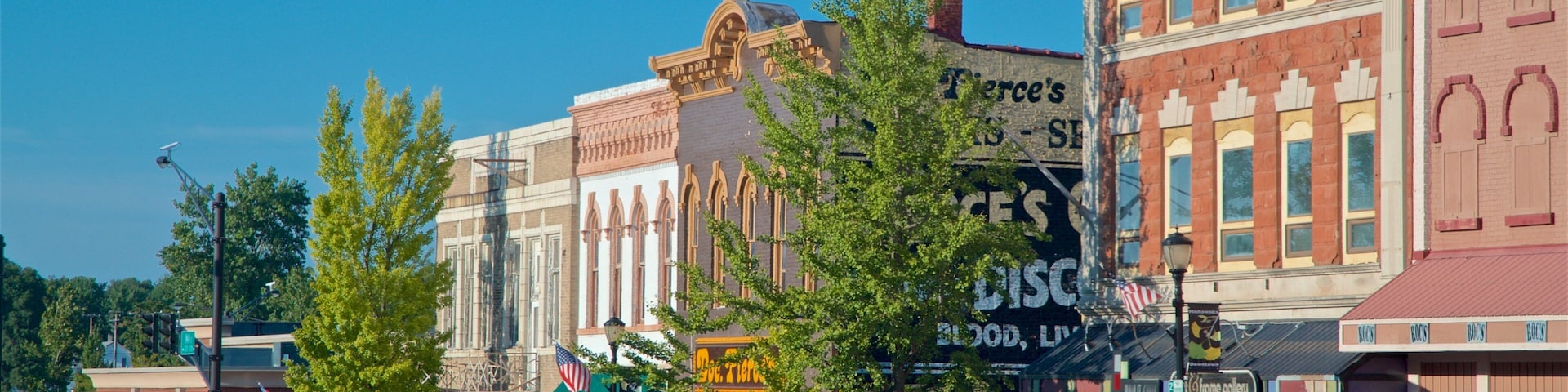 A street lined with vintage buildings, parked cars, and trees.